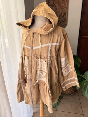 POL Boho Hooded Jacket Lace Patchwork Embroidered Zip Up Size Large